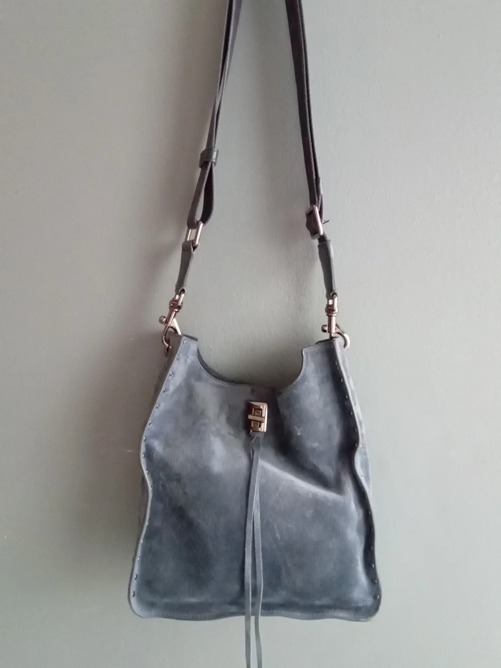 Rebecca Minkoff‎ Navy Blue Suede Studded Hobo Crossbody Bag with Guitar Strap